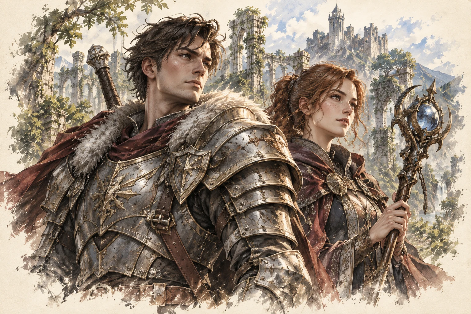 A silver-armored knight and a sorcerer with a carved staff.